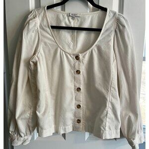 Madewell Off-White Corduroy Shirred-Sleeve Button-Front Top, Size Medium